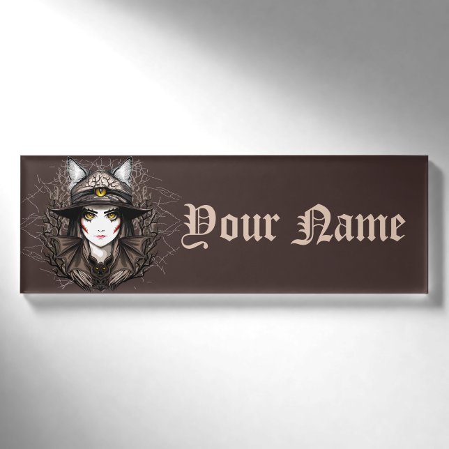 Badge D'identification Chat de sorcière Halloween Déplaisant Portrait mig (Devant)
