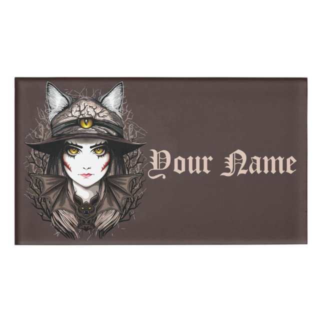Badge D'identification Chat de sorcière Halloween Déplaisant Portrait mig (Devant)