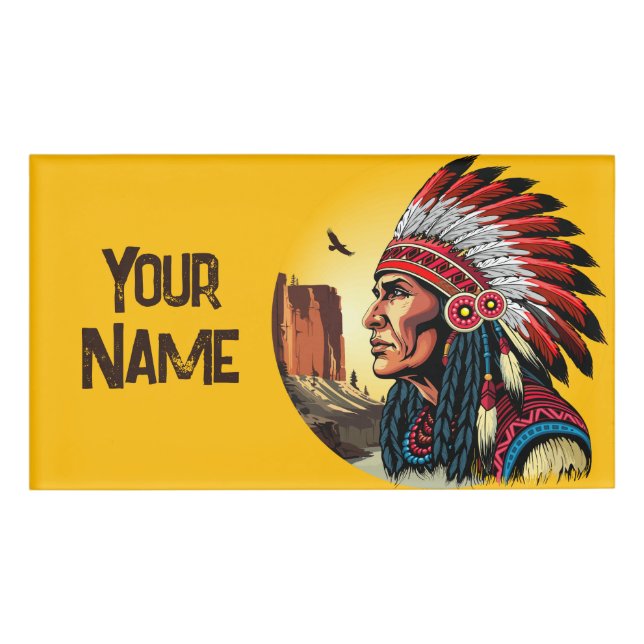 Badge D'identification Chef amérindien sur paysage sauvage coucher de sol (Devant)