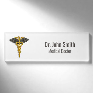 Badge D'identification Classy Gold Caduceus Black Wings Élégant Médicale