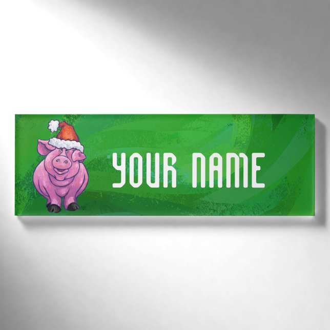 Badge D'identification Cochon de Fête à Santa Hat sur Vert (Devant)