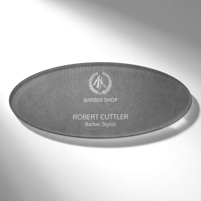 Badge D'identification Coiffeur de luxe look cuir gris argent (Devant)