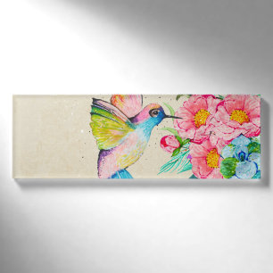 Badge D'identification Colibri et fleurs d'aquarelle