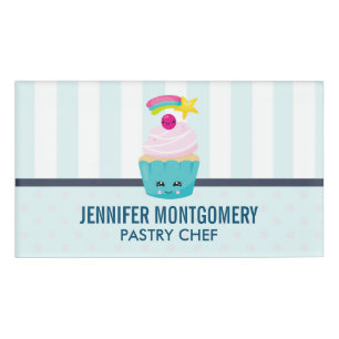 Badge D'identification Cupcake bleu mignon avec visage Kawaii