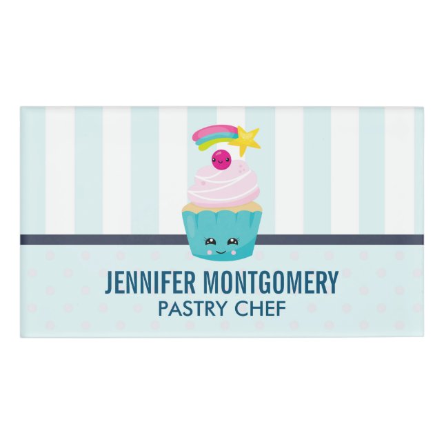Badge D'identification Cupcake bleu mignon avec visage Kawaii (Devant)