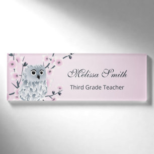 Badge D'identification Cute Owl Cherry Blossoms Enseignant