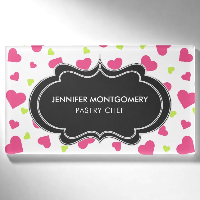 Badge D'identification Cute rose et vert Tumbling Hearts Motif (Devant)