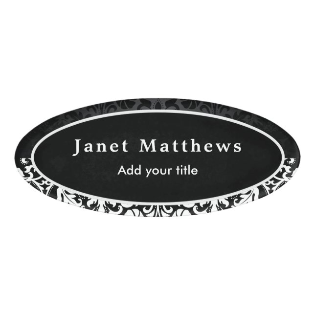 Badge D'identification Damas noir et blanc avec design de finition blanch (Devant)