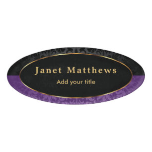 Badge D'identification Damas noir et violet avec finition or