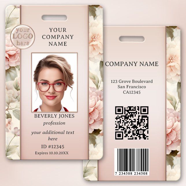 Badge d'identification de photo d'employé à fleurs (Girly chic professional photo ID badge with your custom photo and logo on a floral pink background)