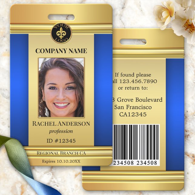 Badge d'identification de photo en or bleu élégant (Elegant gold and blue design photo ID badge with space for your custom photo and logo)