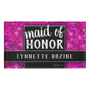 Badge D'identification Demoiselle d'honneur rose vif pailleté noir et bla