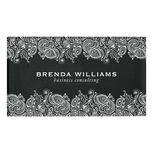Badge D'identification Dentelle blanche paisley sur Arrière - plan noir (Devant)