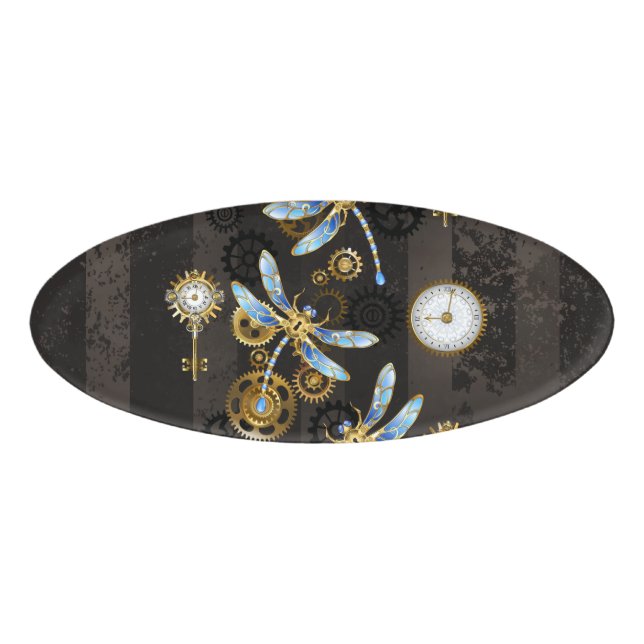 Badge D'identification Dragonflies de Steampunk sur arrière - plan rayé b (Devant)