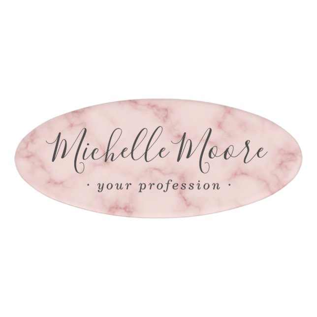 Badge D'identification Écriture féminine élégante blush rose faux marbre (Devant)