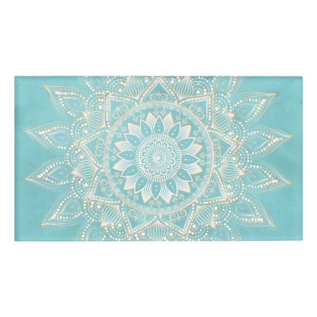 Badge D'identification Elégant Blanc Gold Mandala Sky Blue Design (Devant)