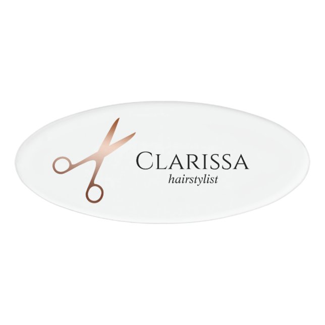 Badge D'identification Elégant ciseaux d'or rose moderne coiffeur (Devant)