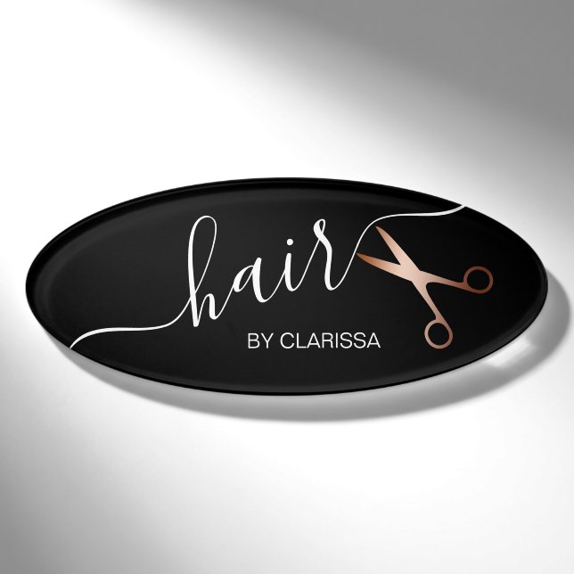 Badge D'identification Elégant ciseaux d'or rose moderne coiffeur (Devant)