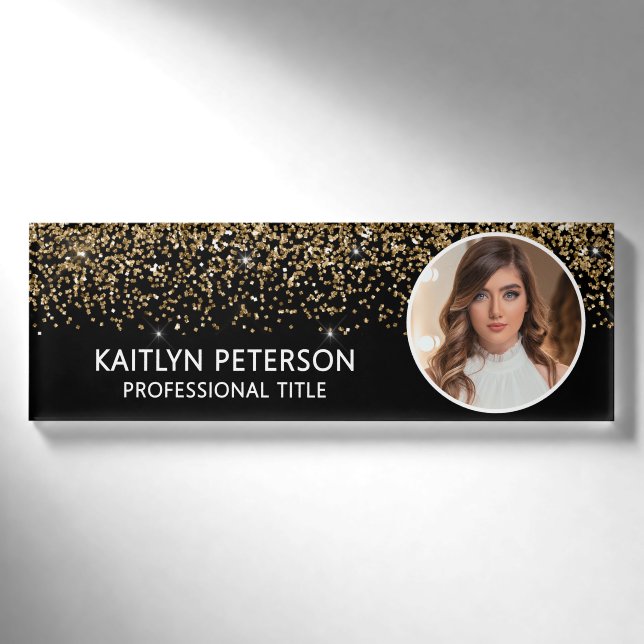 Badge D'identification Elegant Gold Glitter Employee Photo ID Black (Devant)