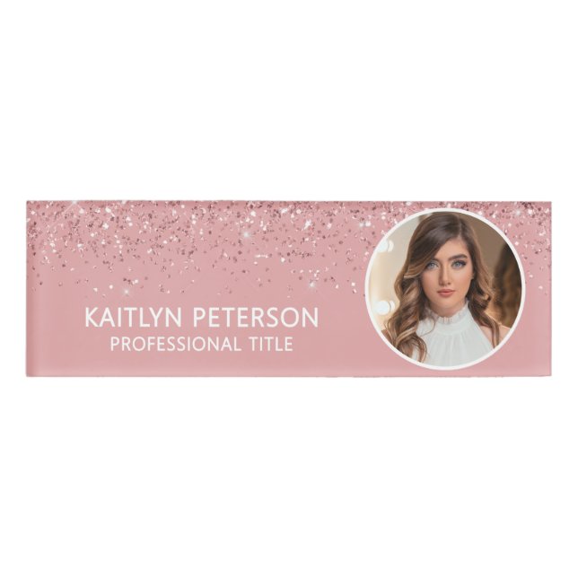 Badge D'identification Elegant Pink Glitter Employee Photo ID (Devant)