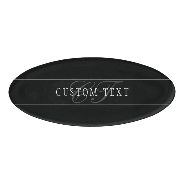 Badge D'identification Élégant Script Monogramme modifiable noir gris bla (Devant)