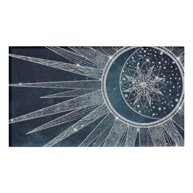 Badge D'identification Elégant Silver Sun Moon Doodle Mandala Blue Design (Devant)