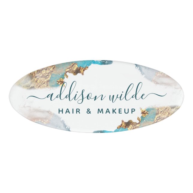 Badge D'identification Encre D'Aquarelle Liquide D'Art Moderne Bleu Et Or (Devant)