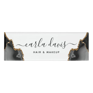 Badge D'identification Étiquette de signature en agate noir et marbre dor