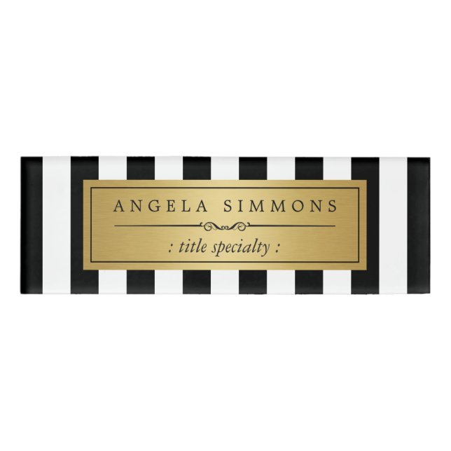 Badge D'identification Étiquette noir et blanc élégant de nom d'or de (Devant)