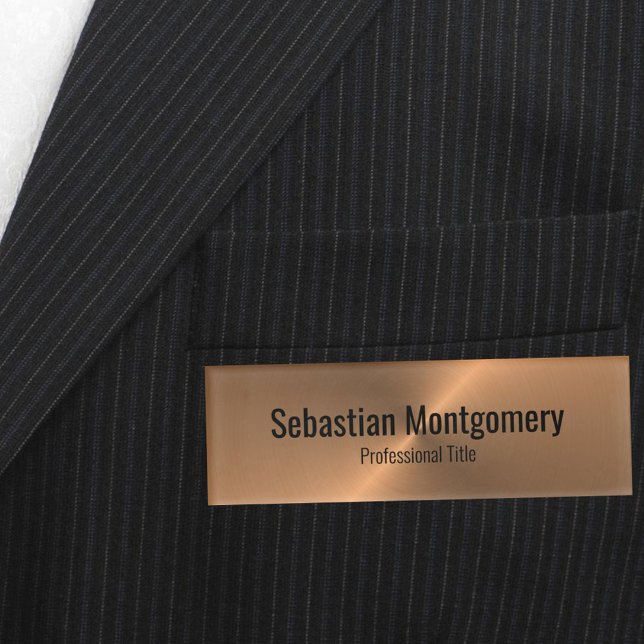 Badge D'identification Faux professionnel Cuivre Métallo avec texte noir (professional name tag with magnetic back)