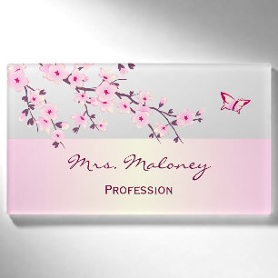 Badge D'identification Fleurs florales de cerisier rose gris