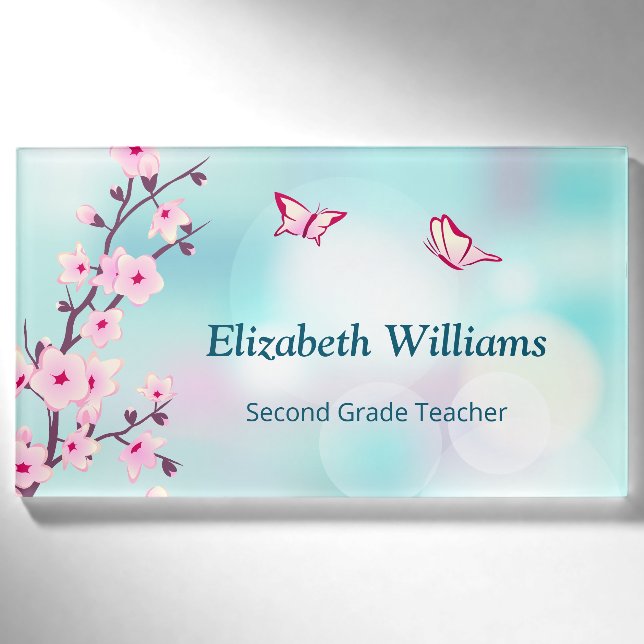 Badge D'identification Floral Cerise Blossoms rose Turquoise Nom de l'ens (Devant)