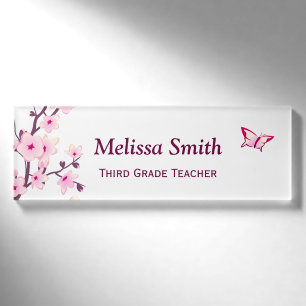 Badge D'identification Floral Fleurs de cerisiers Enseignant rose blanc
