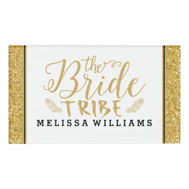 Badge D'identification Gold GlitterThe Bride Tribe-Modern Text design (Devant)
