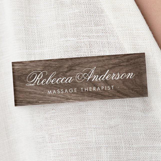 Badge D'identification Grain de bois élégant chic joli script (Elegant wood grain pretty chic script name tag)