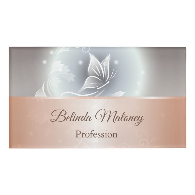 Badge D'identification Gray Butterfly Floral Rose Gold (Devant)