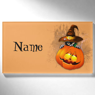 Badge D'identification Halloween Cute Kitty Witch et ami Citrouille
