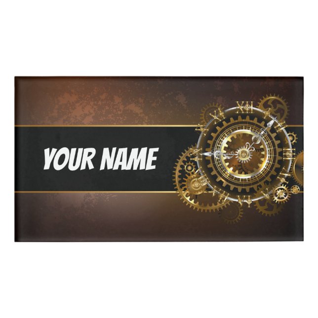 Badge D'identification Horloge Steampunk avec des engrenages anciens (Devant)