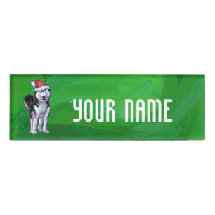 Badge D'identification Husky festif à Santa Hat sur Vert