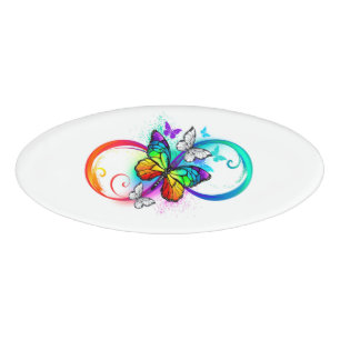Badge D'identification Infini lumineux avec papillon arc-en-ciel