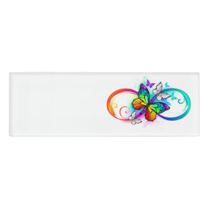 Badge D'identification Infini lumineux avec papillon arc-en-ciel