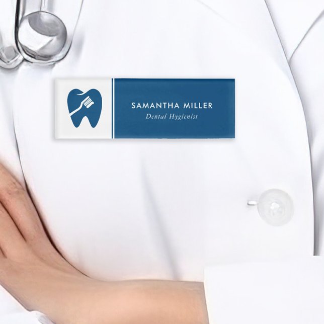 Badge D'identification Logo Dentiste Personnalisé Blanc et bleu marine (Créateur téléchargé)