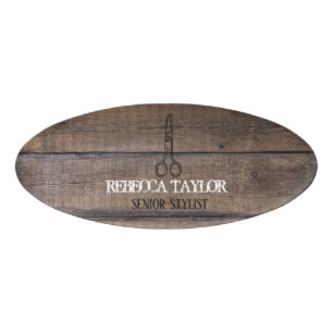 Badge D'identification Logo Salon des ciseaux de bois rustique Indicateur