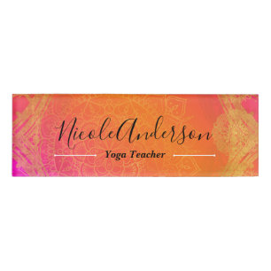 Badge D'identification Mariage Mandala Indien Fuchsia Rose Orange Or