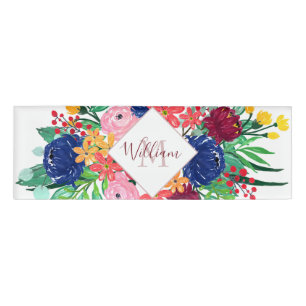 Badge D'identification Marine bleu et rouge aquarelle boho chic Fleurs
