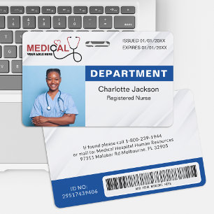 Badge d'identification médicale bleu avec photo et
