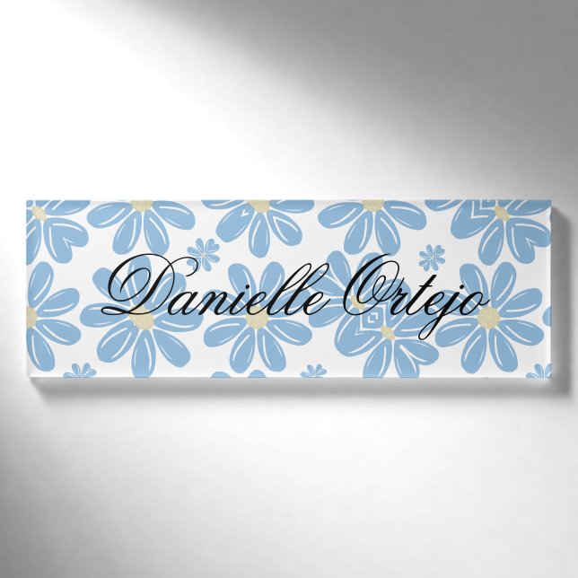 Badge D'identification Modèle Floral Bleu - Balise Nom Personnalisé (Devant)