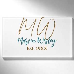 Badge D'identification Monogramme brun bleu turquoise année d'estimation