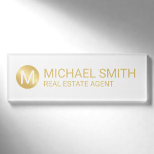 Badge D'identification Monogramme et nom personnalisés blanc et or