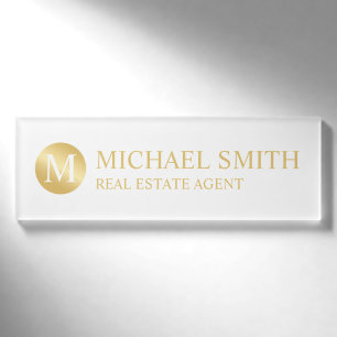 Badge D'identification Monogramme et nom personnalisés blanc et or